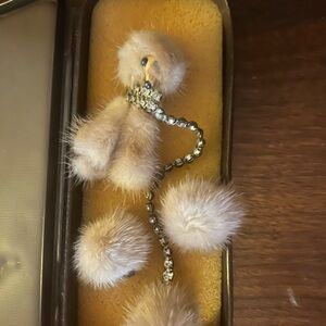 Vintage Mink Poodle Sweater clip with Rhinestones & matching earrings.